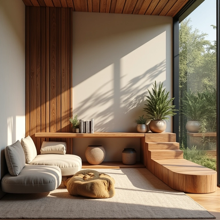 Decoração sustentável com móveis de madeira de demolição e materiais naturais.