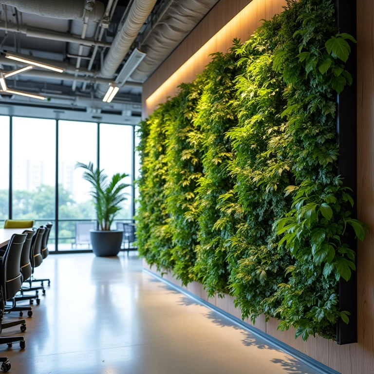 Decoração sustentável e elegante com jardim vertical em escritório moderno.