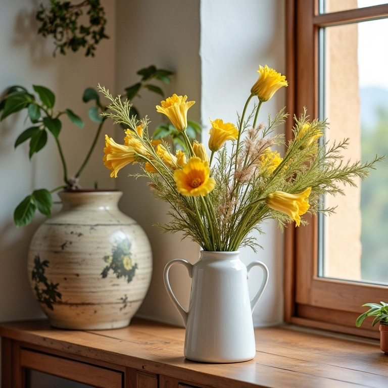 Decorações versáteis com flores artificiais em uma casa brasileira aconchegante.