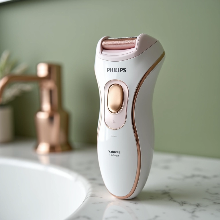 Depilador elétrico Philips Satinelle Prestige em um banheiro decorado com design brasileiro.