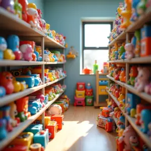 Aluguel de Brinquedos Para Festas Pode Ser MEI Depósito de brinquedos coloridos para aluguel, organizado e iluminado.