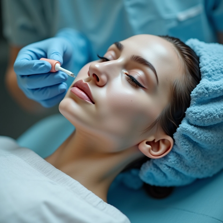 Dermatologista aplicando peeling químico no rosto de paciente.