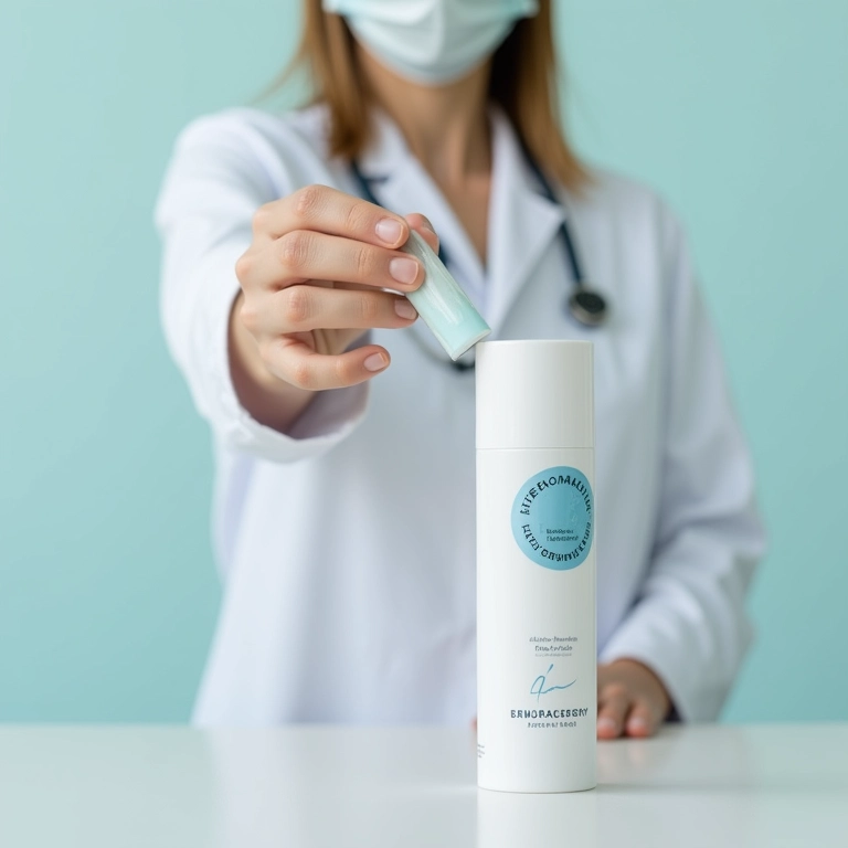 Dermatologista segurando produto dermocosmético aprovado.