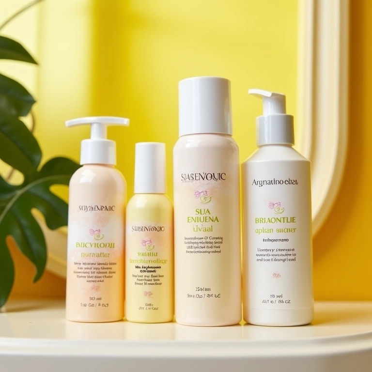 Dermocosméticos clareadores expostos em banheiro decorado.