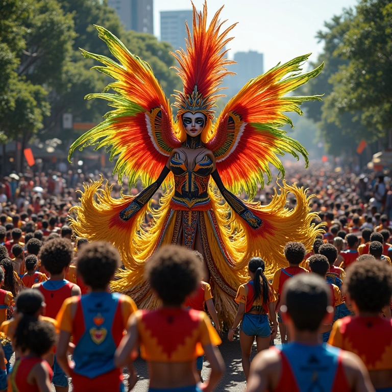 Desfile de escola de samba no Carnaval com carros alegóricos elaborados.