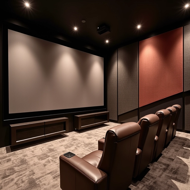 Design acústico e isolamento sonoro em sala de cinema.
