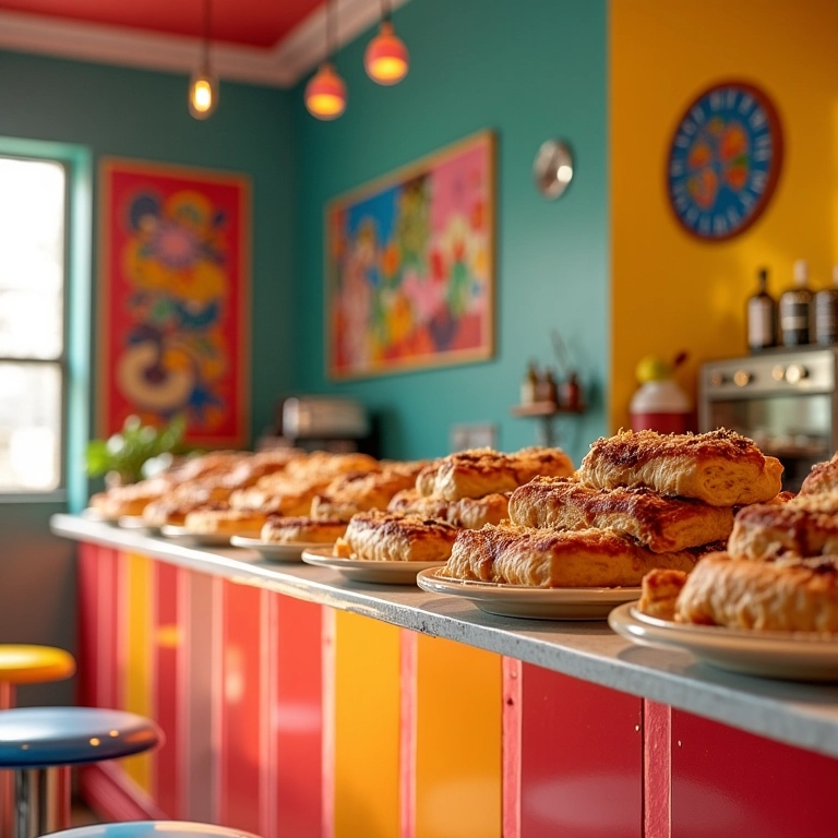 Design de interior colorido de uma pastelaria, com paredes vibrantes e doces em cores coordenadas, destacando a cultura brasileira.