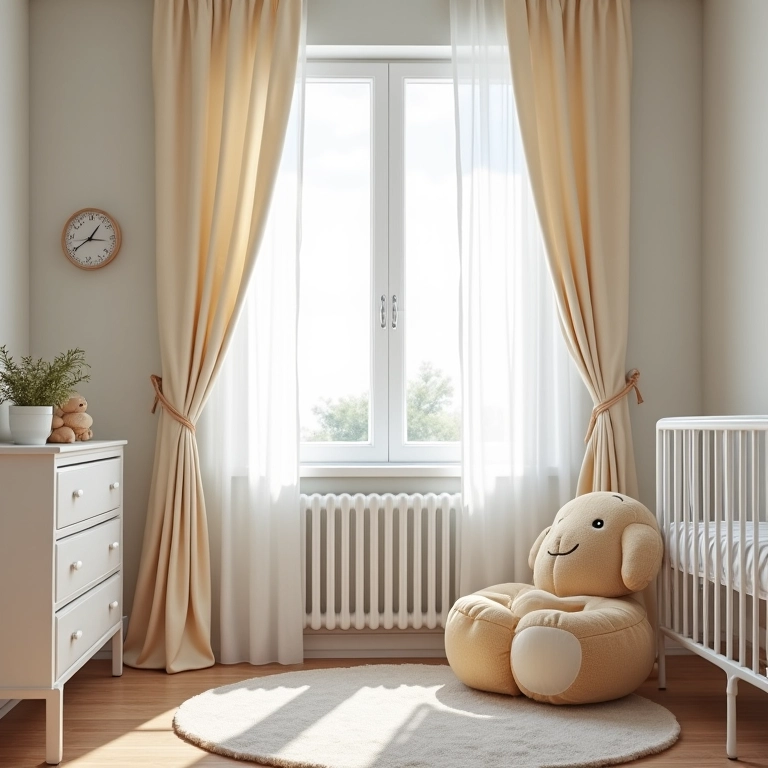 Design de quarto de bebê seguro, evitando cordões longos nas cortinas.