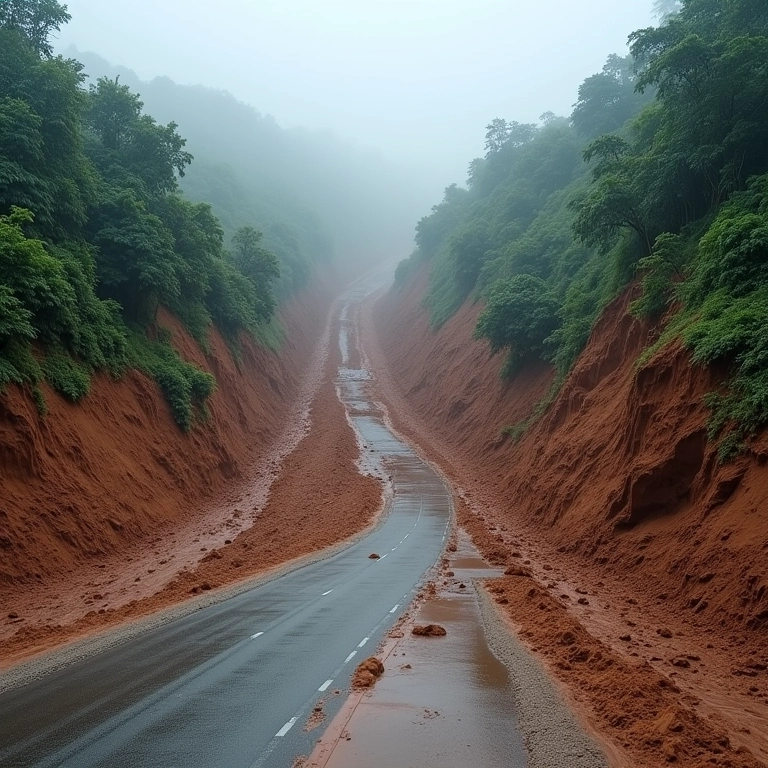 Deslizamentos de terra causados pela chuva forte de um furacão.