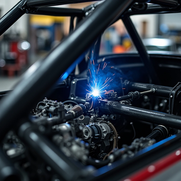 Detalhe da gaiola de proteção reforçada de um carro de rally.