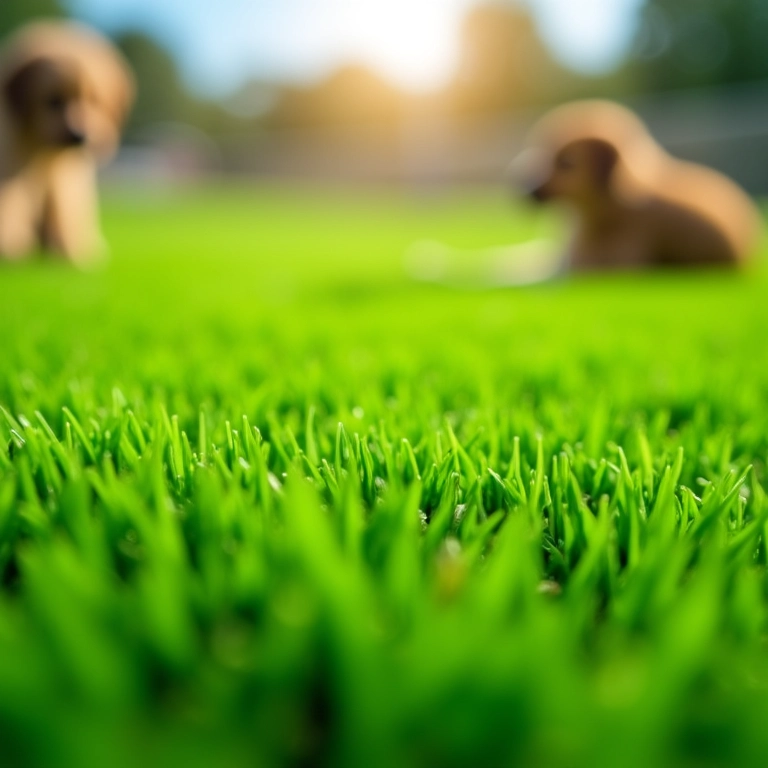 Detalhe da grama sintética verde em um dog park, enfatizando o conforto.