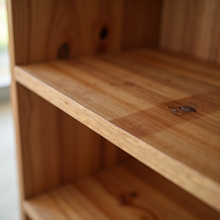 Detalhe da madeira de uma estante resistente e durável.