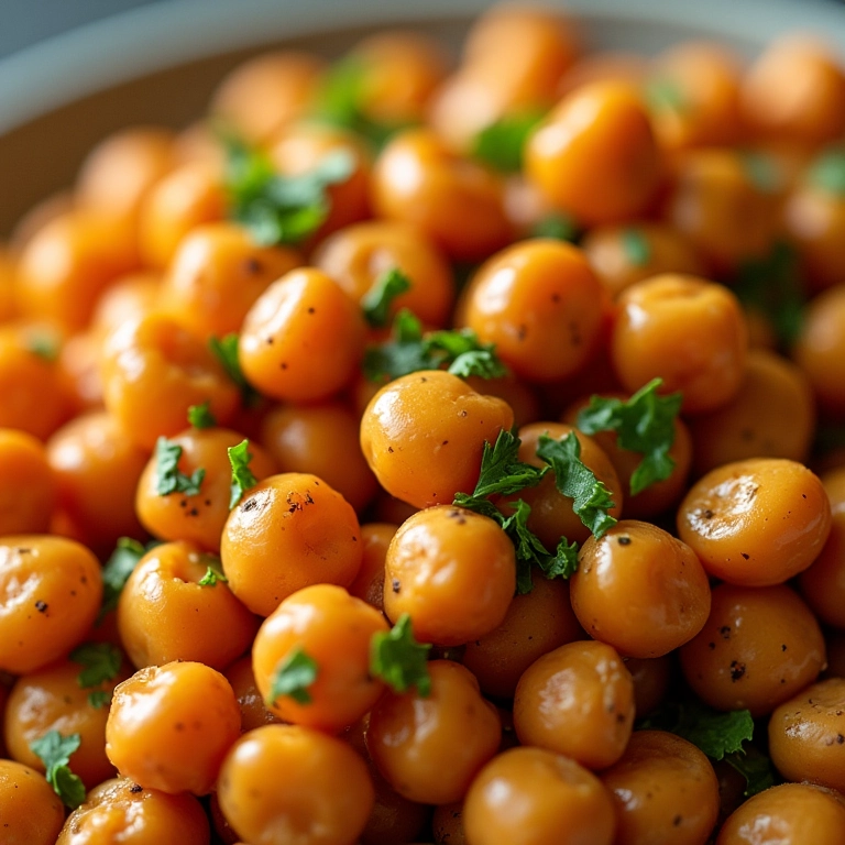 Detalhe da salada de grão de bico destacando a riqueza em proteínas.