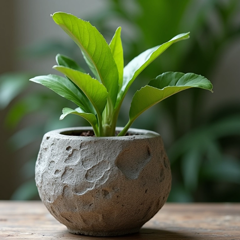 Detalhe da textura de um vaso de cimento envelhecido com planta saudável.