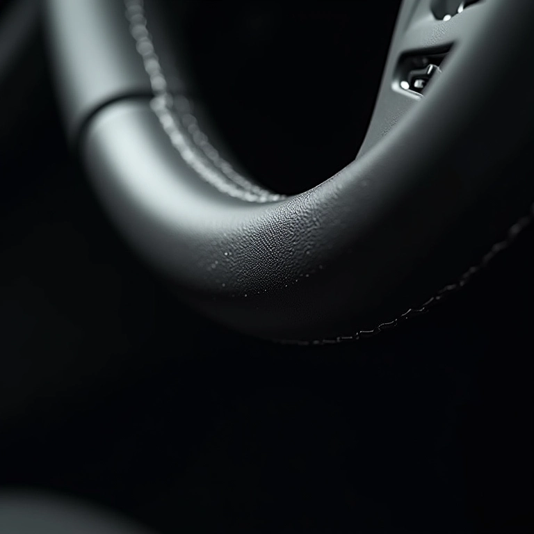 Detalhe da textura do couro e costura de um volante esportivo, enfatizando a durabilidade.