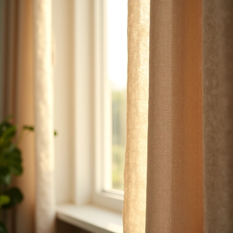 Detalhe de cortinas de linho texturizadas em sala de estar iluminada.