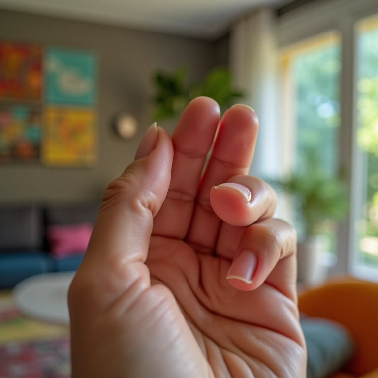 Detalhe de dedos sendo estalados em um ambiente caseiro e moderno.