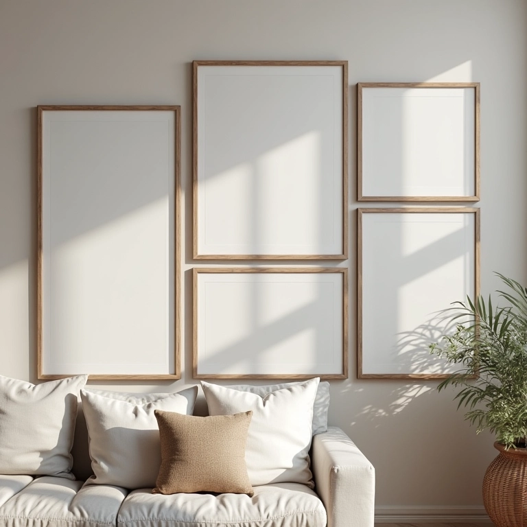 Detalhe de molduras que fazem a diferença em quadros na sala.