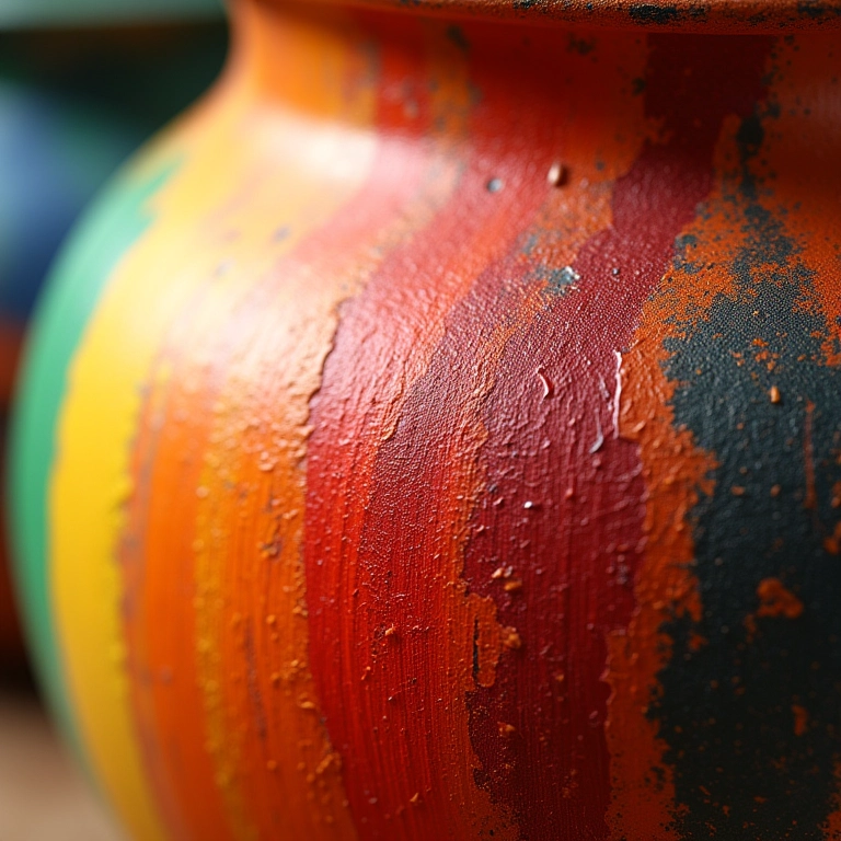 Detalhe de pinceladas vibrantes de tinta acrílica em vaso de terracota.