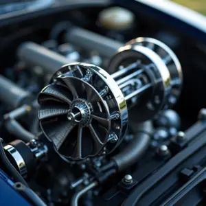 Detalhe de turbina de motor automotivo em close-up.