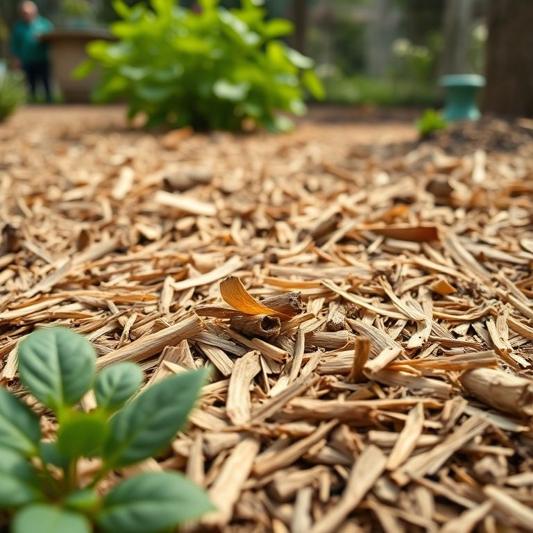 Detalhe de um canteiro coberto com serragem como cobertura vegetal.