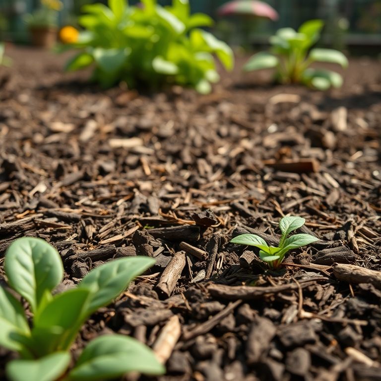 Detalhe de um canteiro com cobertura morta, demonstrando a redução da evaporação da água.