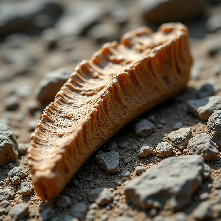 Detalhe de um fóssil de osso de dinossauro incrustado em rocha.