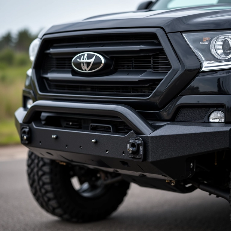 Detalhe de um overbumper de aço carbono em um SUV, destacando sua robustez e resistência.