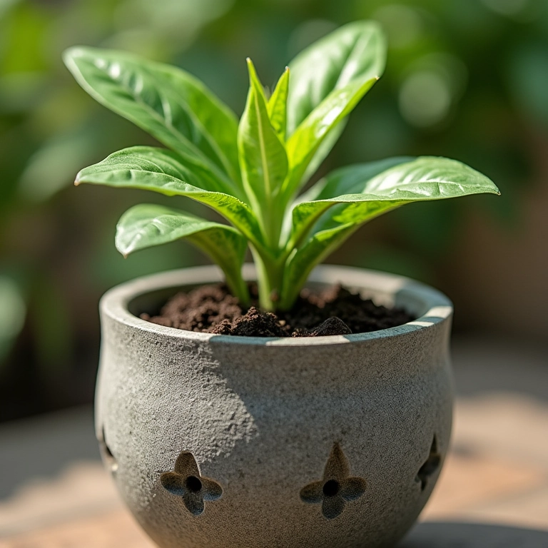 Detalhe de um vaso de cimento com furos de drenagem.