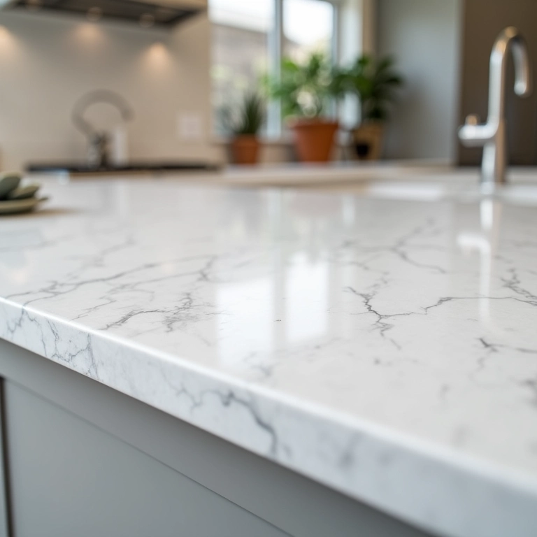 Detalhe de uma bancada de quartzo durável em uma cozinha moderna, evidenciando sua resistência.