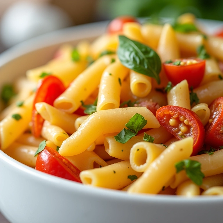 Detalhe de uma salada de macarrão irresistível com ingredientes frescos.