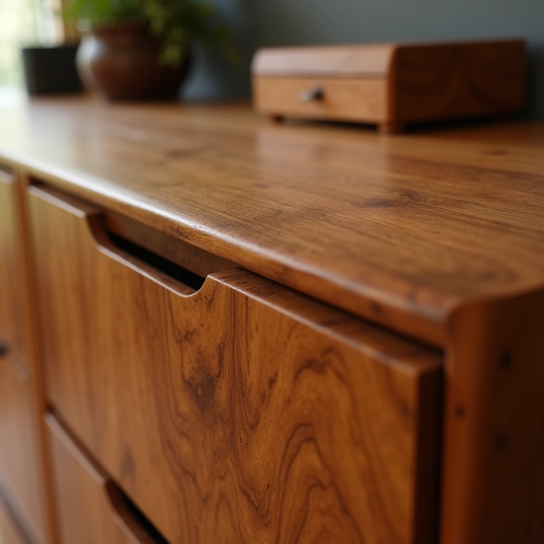 Detalhe do material e textura de um aparador de madeira.