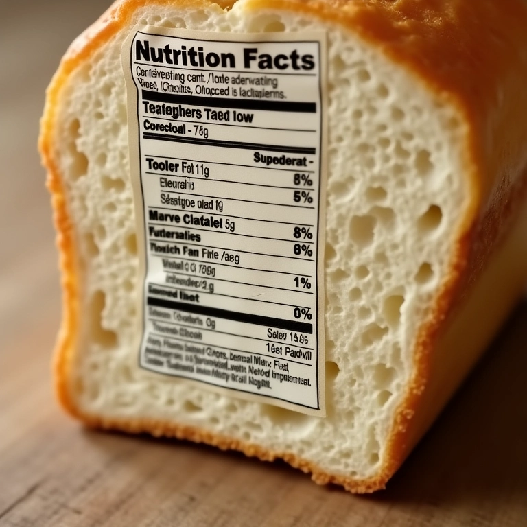 Detalhe do rótulo de um pão integral, destacando a lista de ingredientes e o teor de fibras.