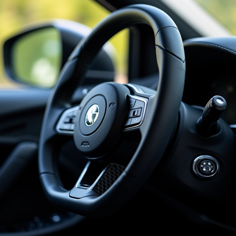 Detalhe do volante esportivo em fibra de carbono, mostrando a melhora na empunhadura.