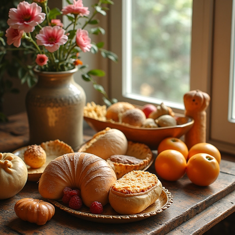 Detalhes artísticos em uma pastelaria, incluindo objetos decorativos, flores, itens artesanais e elementos brasileiros.