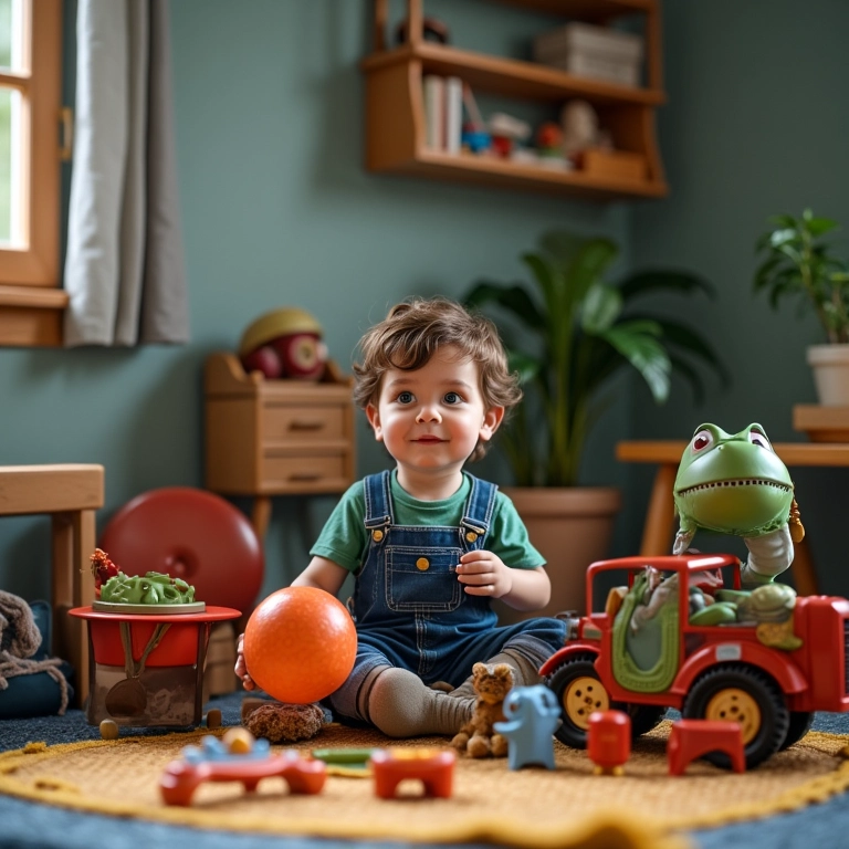 Detalhes de brinquedos e decoração para estimular a criatividade em quarto infantil.