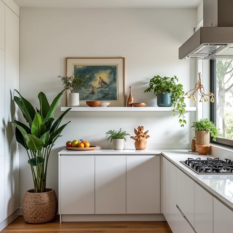 Detalhes que fazem a diferença: plantas e quadros em cozinha em L.
