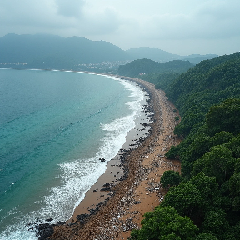 Devastação costeira após um tsunami.
