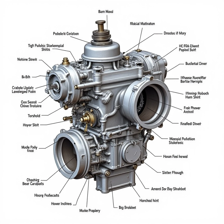 Diagrama explodido do carburador mostrando seus componentes principais.