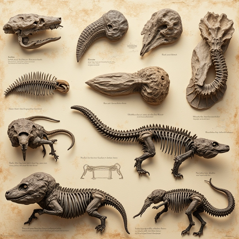 Diagramas detalhados do processo de preservação fóssil.