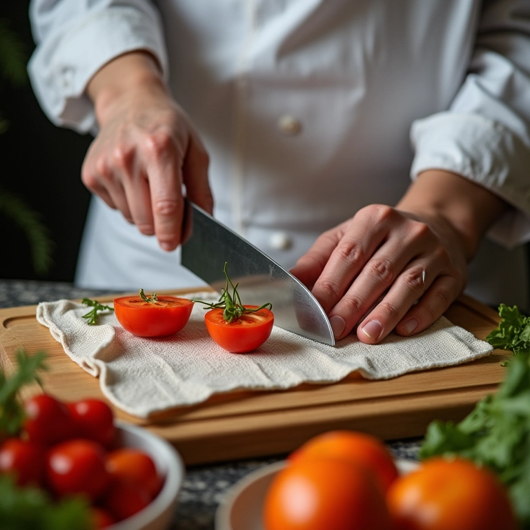 Dica para cortar legumes de forma eficiente: toalha úmida sob a tábua.