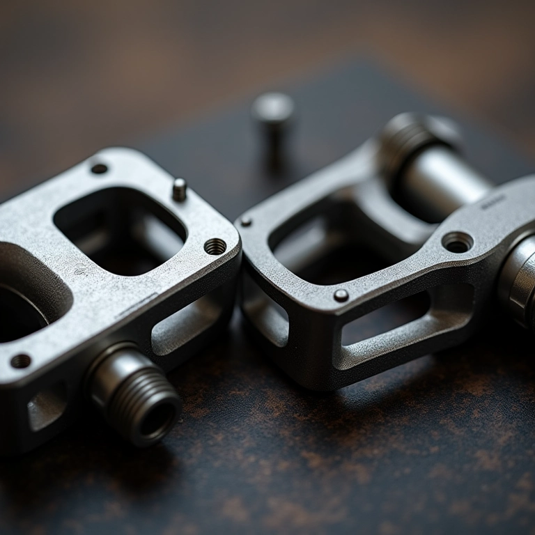 Diferentes materiais de pedaleiras esportivas: alumínio e aço.