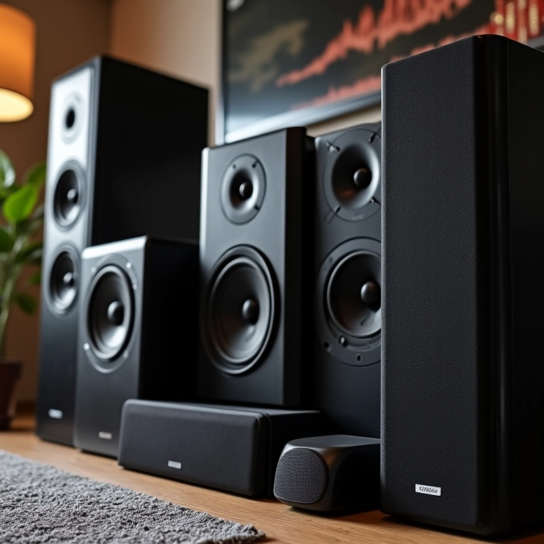 Diferentes sistemas de som para sala de cinema residencial.