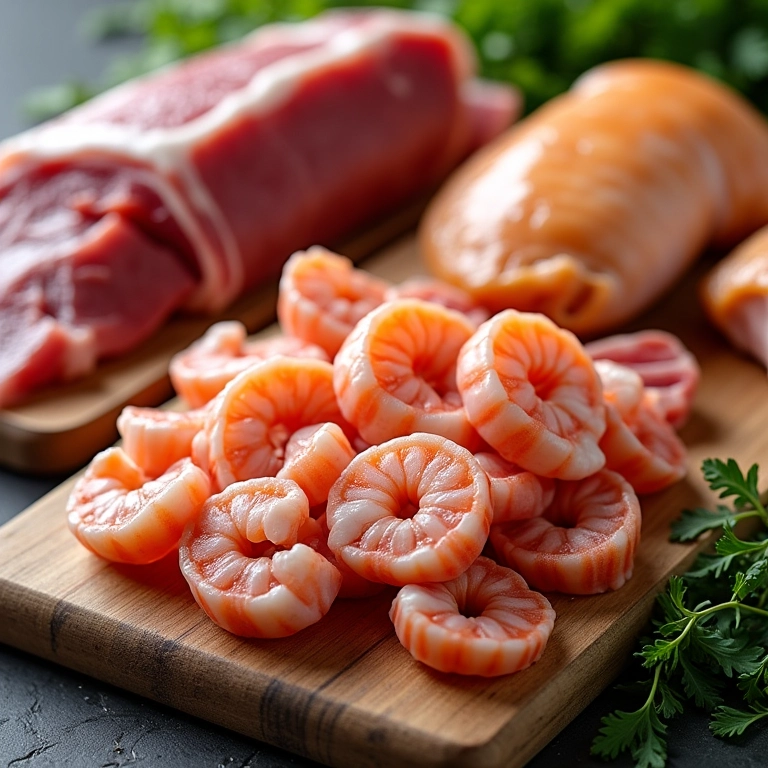 Diferentes tipos de carne para strogonoff: carne bovina, suína, camarão e frango.