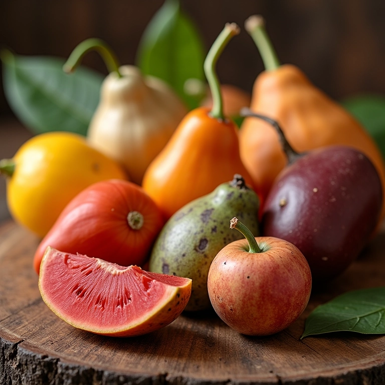 Diferentes tipos de jiló em mesa rústica de madeira.