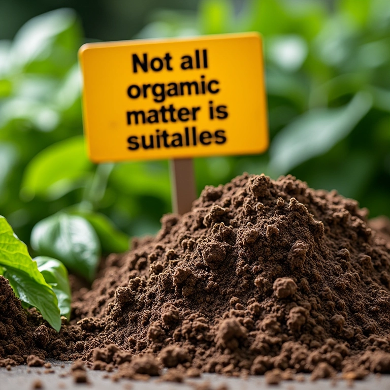 Diferentes tipos de matéria orgânica com um aviso: 'Nem toda matéria orgânica é adequada'.