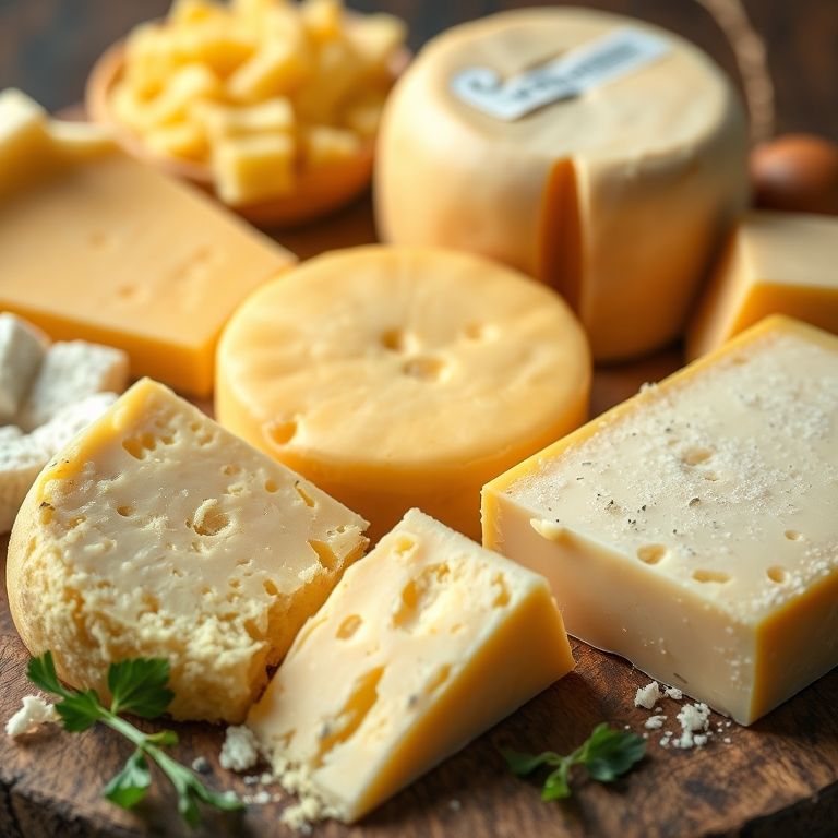 Diferentes tipos de queijo para usar na batata suíça: Gruyère, Emmental, Parmesão.