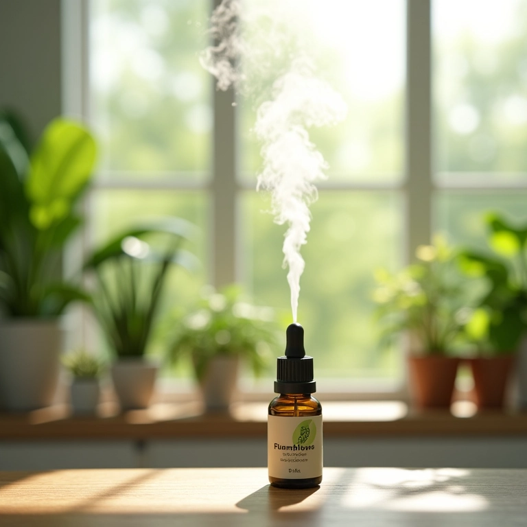 Difusor com óleo essencial de eucalipto em ambiente arejado.