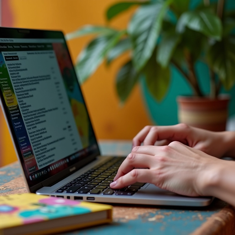 Digitando palavras cativantes em laptop, decoração vibrante.