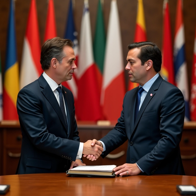 Diplomatas assinando acordo internacional na embaixada.